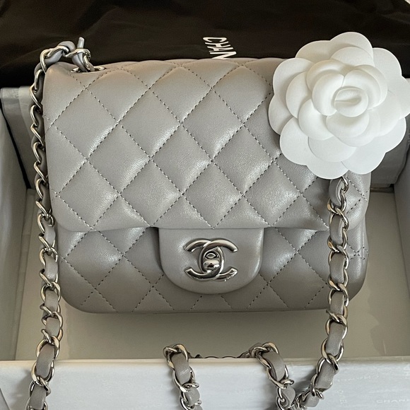 CHANEL Handbags - NEW 21B Chanel Grey Classic Mini Square SHW Lamb